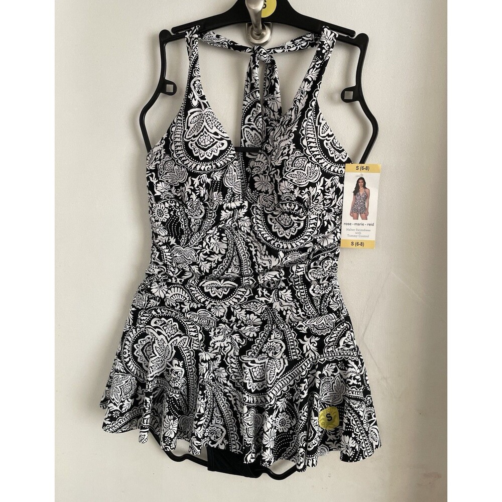 Rose Marie Reid Black White Paisley Halter Swimdress S Tummy Control Adjustable